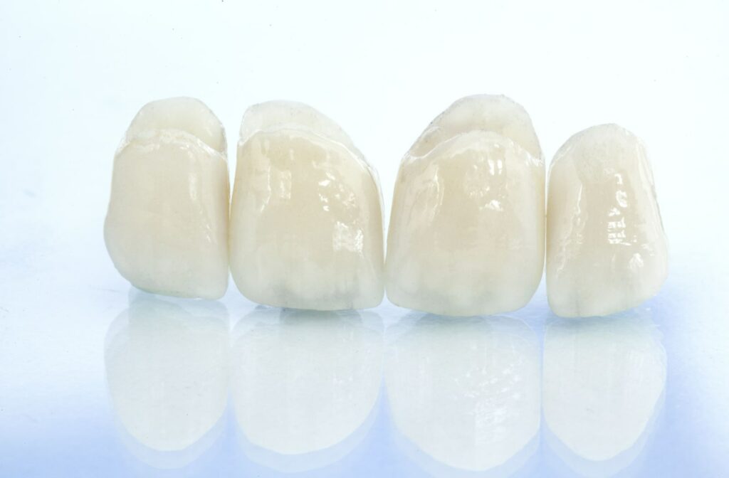 A set of dental crowns against a white background.
