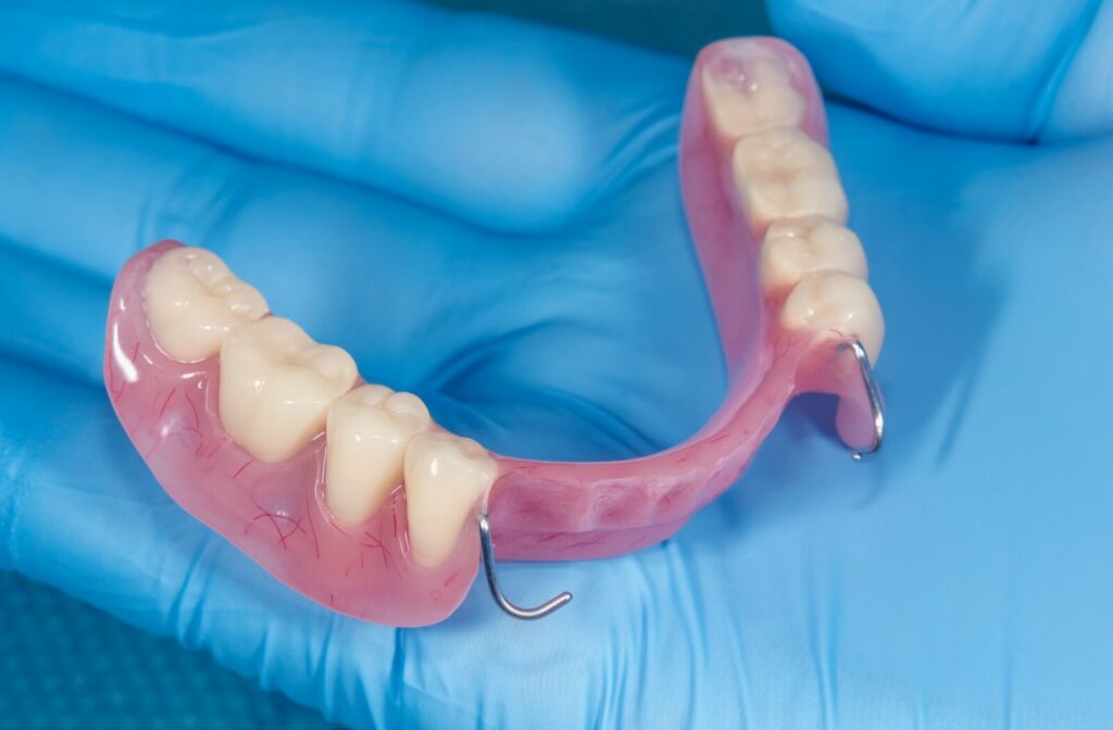 A close-up image of a single arch of partial dentures on a hand wearing a blue glove.