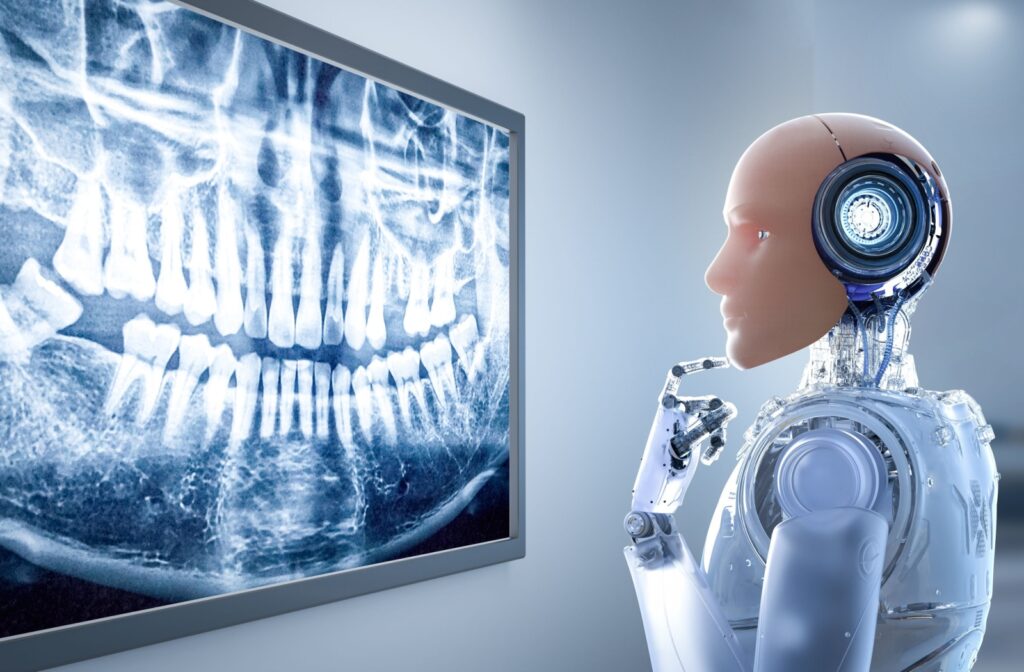 Android robot looking at a mouth x-ray on the wall with a thoughtful finger on its chin.