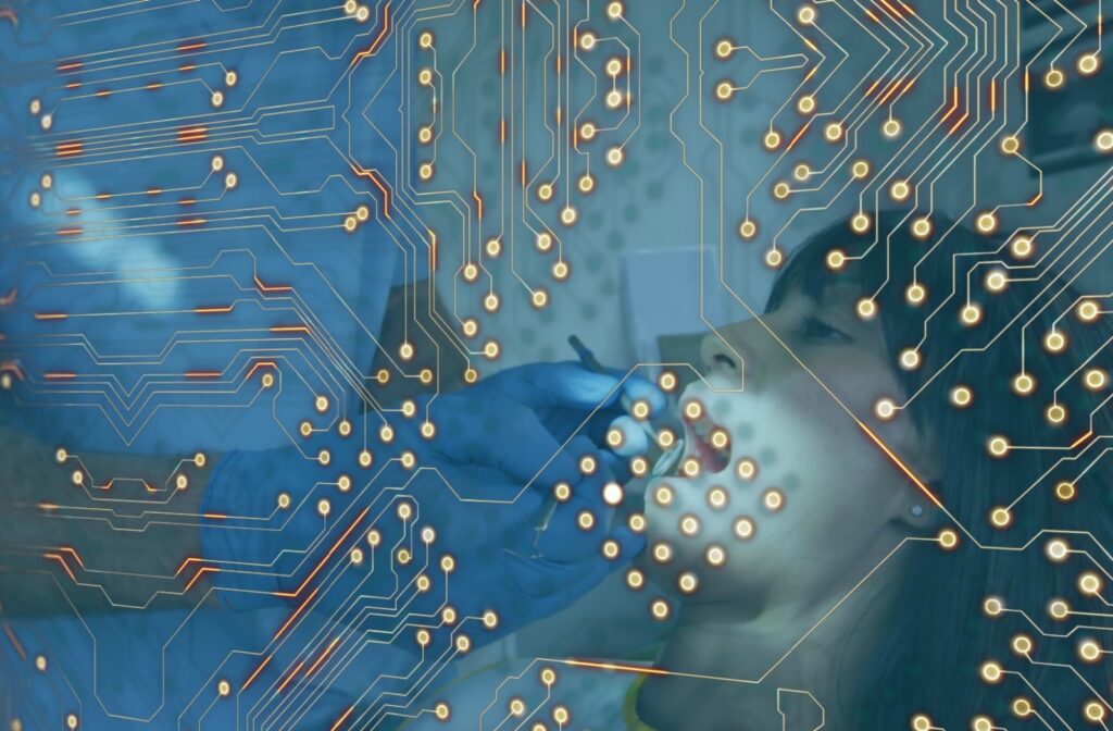 Images of circuitry superimposed on a photo of a patient being treated by a dental professional with blue gloves.