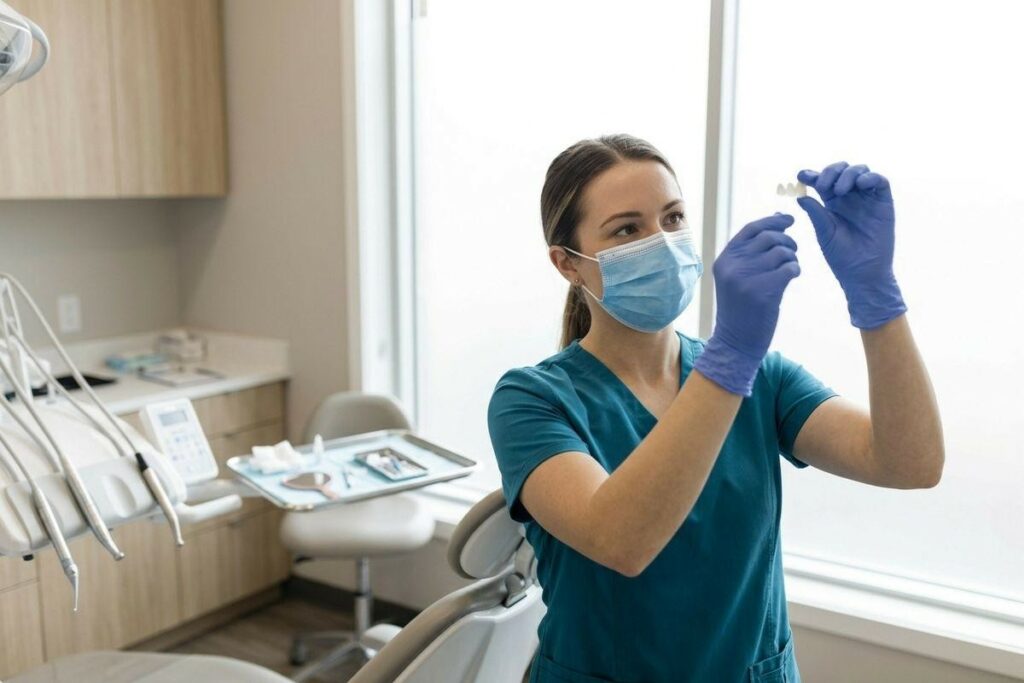 Dental professional in scrubs and face mask examining a dental crown in a modern clinic with dental chair and tools visible.