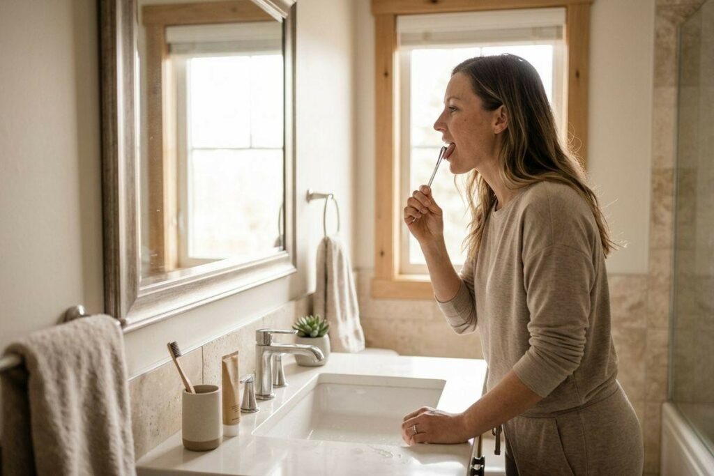 Person brushing their teeth at a bathroom sink, facing a mirror near a window.